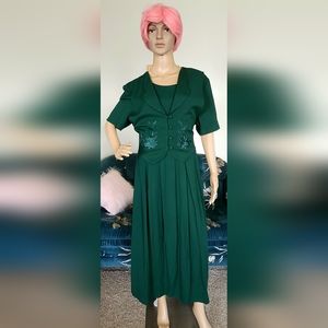 Forest Green Vintage Cottagecore Dress with Floral Vest Built-in - Unique